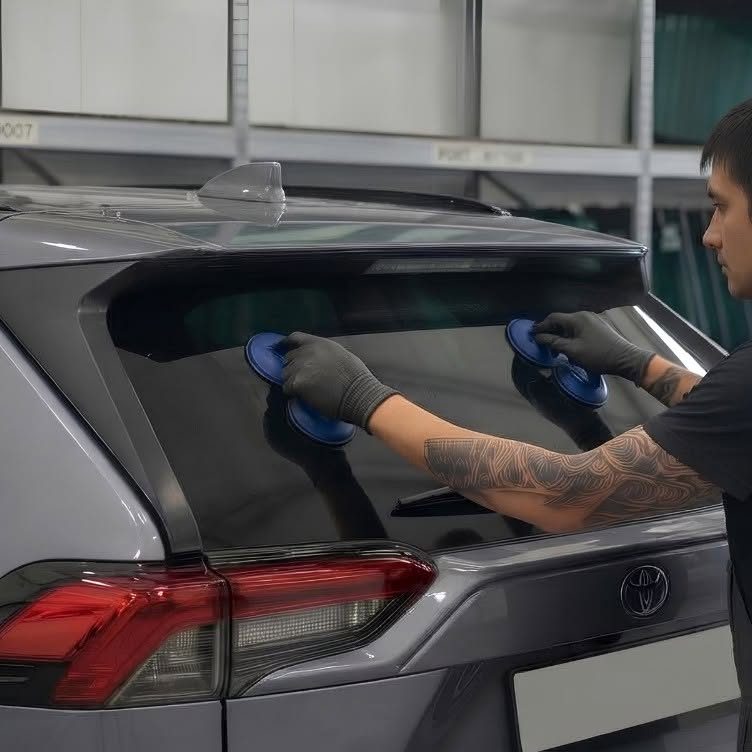 Technicien posant une lunette arrière sur un SUV avec des ventouses